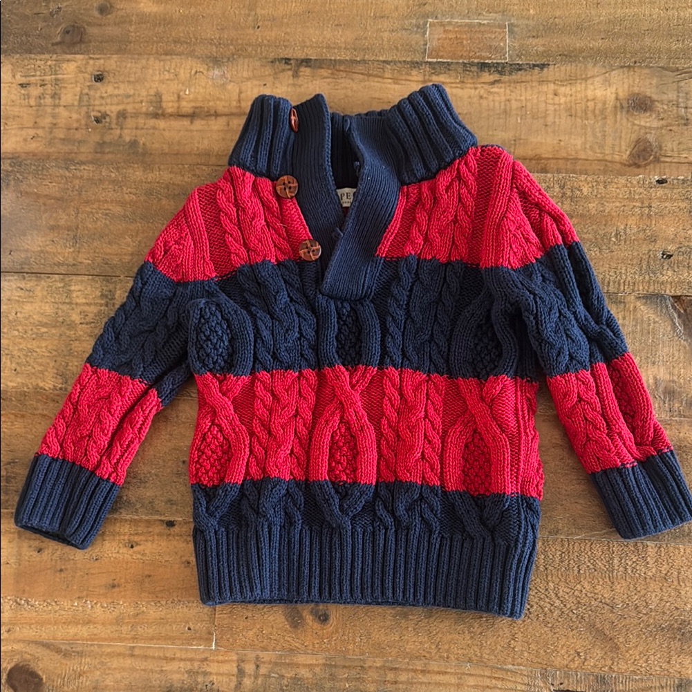Hope & Henry Red And Navy Kids Cable Knit Sweater